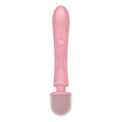 Front view of Satisfyer Triple Lover pink rabbit vibrator showing SF logo on handle