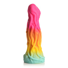 Front view of Shape Shifter dildo showing full flame-like textured shaft in pink-to-teal colour gradient