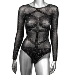Front close-up of sheer black mesh bodysuit with scattered rhinestone gem details