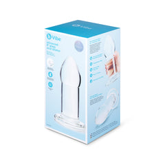 Front and side of b-Vibe Advanced Glass Anal Dilator retail packaging with product details