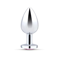 Front view of single silver metal butt plug showing tapered bullet shape and flat jewel base