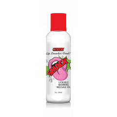 Front view of Smack Cherry warming massage oil in a 2 oz squeeze bottle with pop-art label