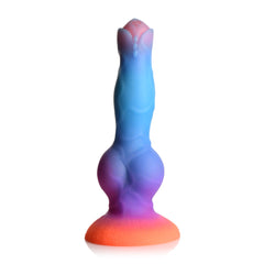 Front view of the Space Cock alien dildo highlighting its blue-to-orange gradient silicone finish