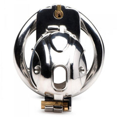 Front view of stainless steel chastity cage showing oval ventilation slot and brass locking clasp