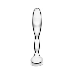 Front view of stainless steel prostate plug showing symmetrical tapered body and base