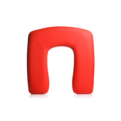 Front view of standalone red U-shaped vegan leather queening chair cushion without frame