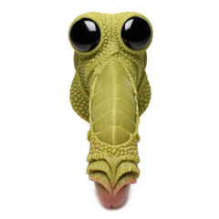 Front view of Swamp Monster dildo showing dual bulging eyes and tapered reptile-themed silicone tip