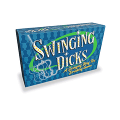 Close-up front view of Swinging Dicks blue game box with retro-style logo and ring toss graphic