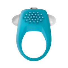 Front view of teal vibrating cock ring displaying raised dot texture pad and dual side wings