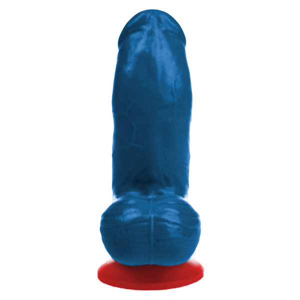 Front view of the Thor Small Dildo in vivid blue, highlighting sculpted detailing and stable base