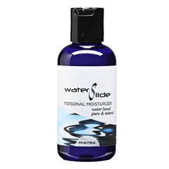 Front view of Waterslide Personal Moisturizer highlighting water-based, pure and natural label