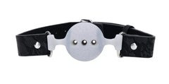 Front view of white silicone ball with breathing holes attached to black lace-textured strap hardware