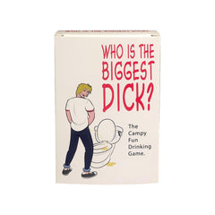 Front of Who Is the Biggest Dick? game box showing illustrated character and campy fun drinking game label