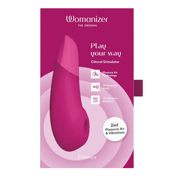 Front of Womanizer Enhance box displaying Pleasure Air Technology and vibration features