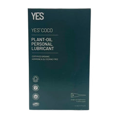 Front of YES COCO certified organic lubricant box in deep green with hormone-free labelling