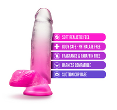 Fuchsia jelly dildo with suction cup base showing body-safe, phthalate-free feature callouts