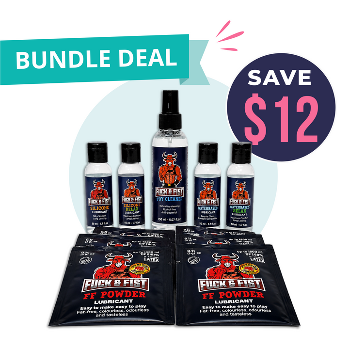 Fuck & Fist lubricant and toy cleaner bundle with powder sachets and spray bottle