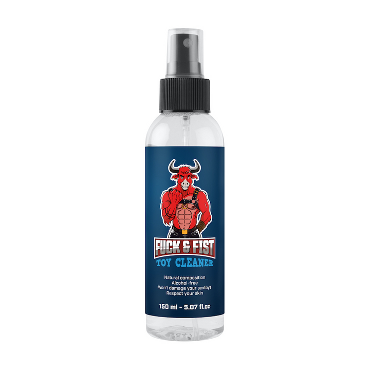 Fuck & Fist Toy Cleaner 150 ml spray bottle with bold blue label and red bull mascot