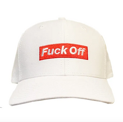 Fuck Off embroidered cap front view, structured white six-panel design with mesh back