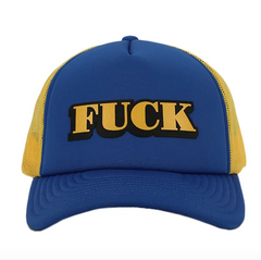 FUCK Trucker Hat front view showing royal blue structured panels and yellow mesh side detail