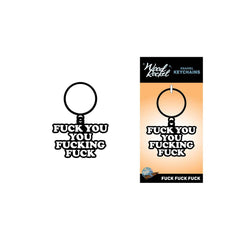 Fuck You You Fucking Fuck keychain shown loose and in branded Wood Rocket packaging