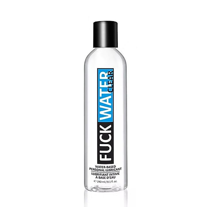 FuckWater Clear 8 oz water-based personal lubricant in a slim clear bottle with black cap