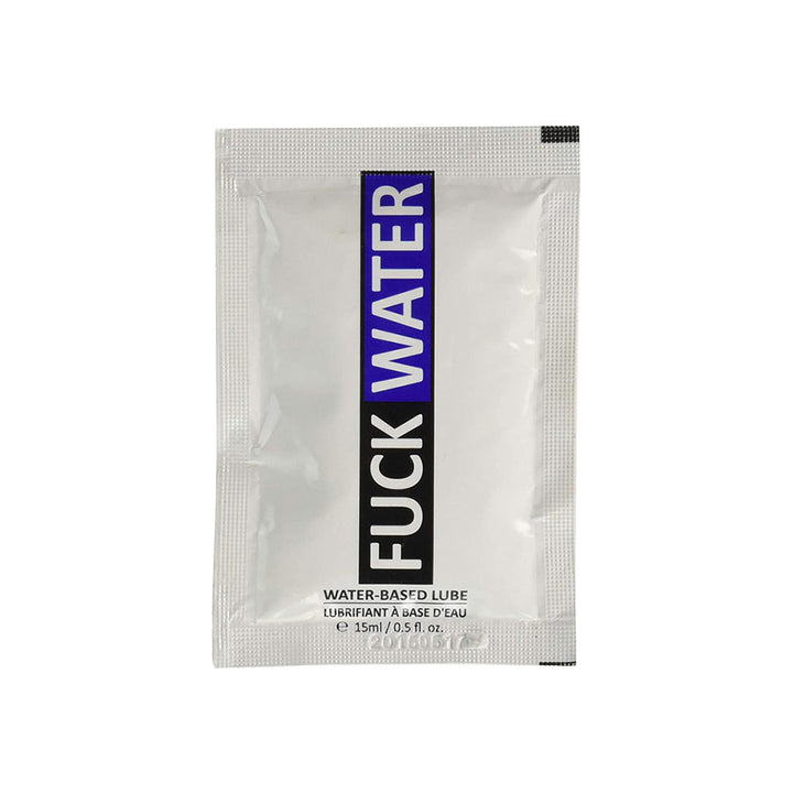 FuckWater water-based lube single-use foil pillow pack, front view, 15ml