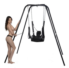 Full black steel A-frame stand with leather sling and model demonstrating scale from side