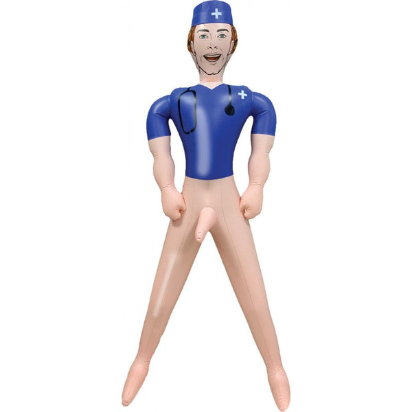Full-body view of the Doctor Dick blow-up doll dressed in blue medical scrubs with stethoscope detail
