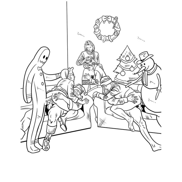 Full coloring page spread with festive characters gathered around a couch in a holiday living room