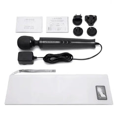 Full contents of Le Wand Die Cast set including massager, adapters, pouch, and guides