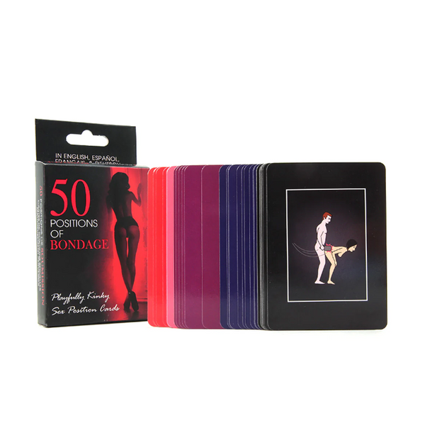 Full deck of 50 Positions of Bondage cards fanned beside illustrated black game box