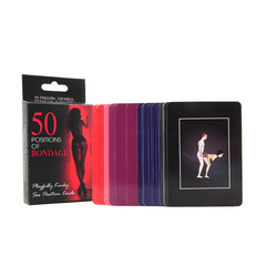 Full deck of 50 Positions of Bondage cards fanned beside illustrated black game box