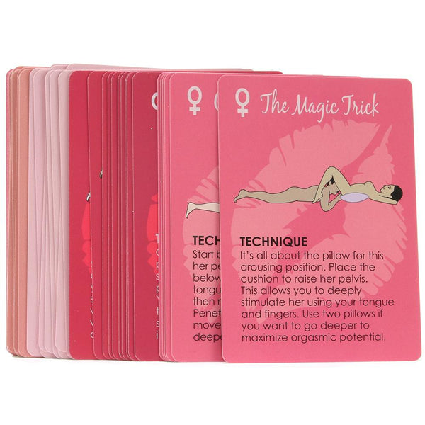 Full deck of pink and red cards fanned out displaying technique instructions