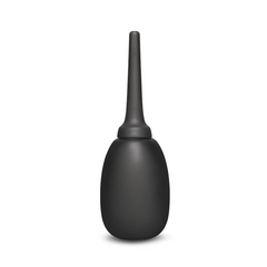 Full front view of black silicone anal douche with flexible nozzle and bulb body