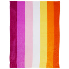 Full front view of lesbian pride striped blanket in magenta, pink, white, yellow, and orange