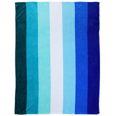 Full front view of striped blue and teal polar fleece pride blanket laid flat, showing color gradient