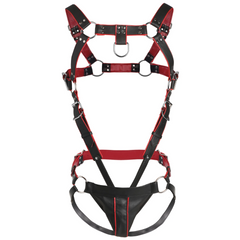 Full harness and jock strap set laid flat, showing complete black and red vegan leather construction