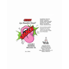 Full ingredient and usage label for Smack lickable cherry massage oil, 59 ml novelty product