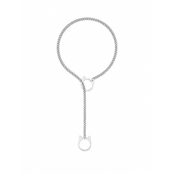 Full layout of silver cat-ear O-ring choker showing lariat length and Cuban curb chain construction
