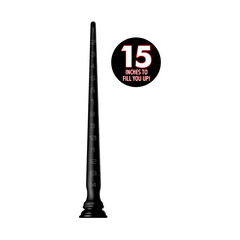 Full-length view of black tapered silicone hose with suction base beside 15-inch callout
