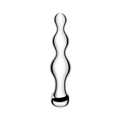 Full-length front view of b-Vibe metal anal beads with oval retrieval base visible