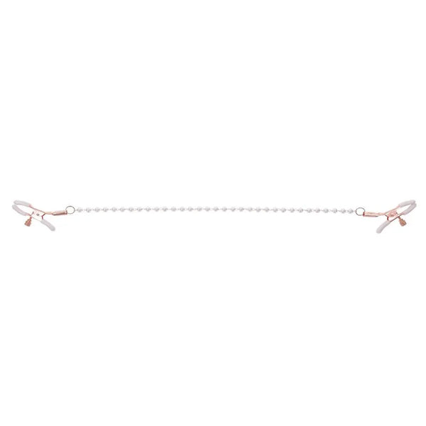 Full-length view of pearl chain nipple clamps stretched out, showing chain length and clamp spread