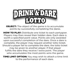 Full printed instructions for Drink & Dare Lotto explaining point-based dare completion gameplay rules