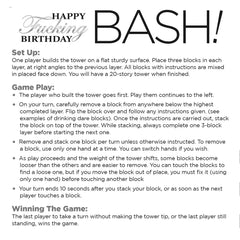 Full printed rulebook for Birthday Bash game detailing turn structure and winning conditions