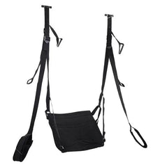 Full product view of black nylon door sex swing with seat, straps, and adjustable buckles