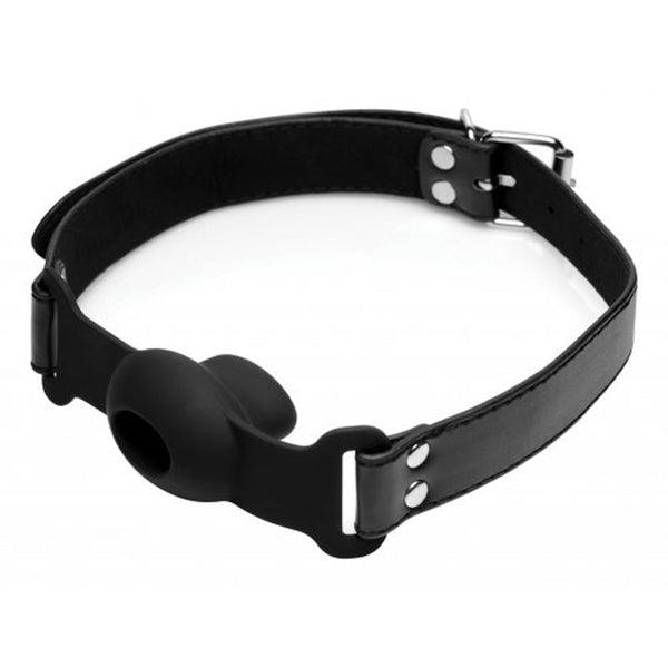 Full product lay-flat view of the black silicone gag with adjustable leather-look strap