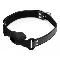 Full product lay-flat view of the black silicone gag with adjustable leather-look strap
