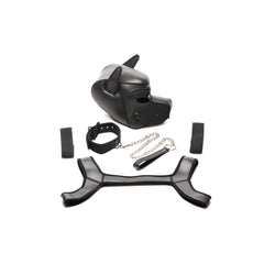 Full Pup Arsenal Set laid flat displaying hood, harness, collar with chain leash, and arm bands