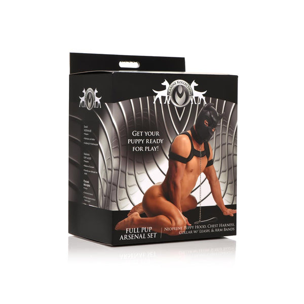 Full Pup Arsenal Set retail packaging box featuring product contents list and lifestyle image